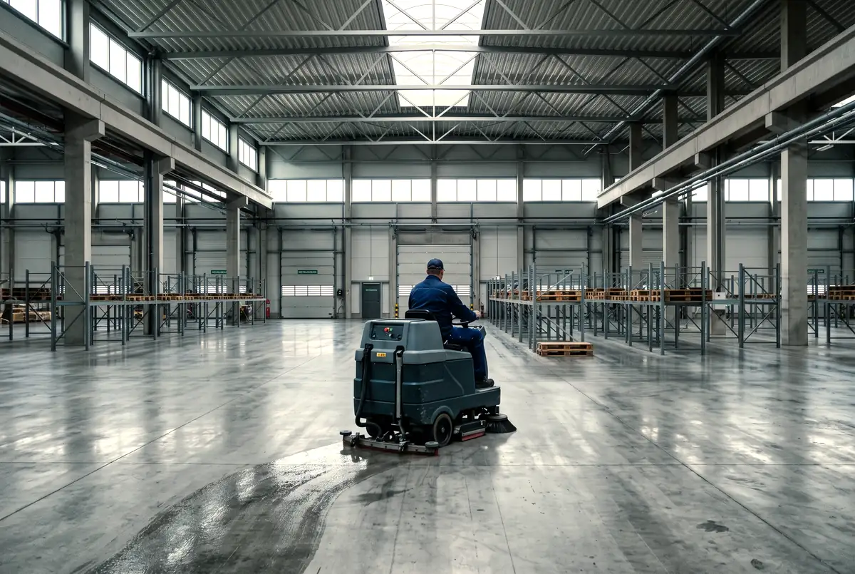 Aufsitz-Scheuersaugmaschine bei der Hallenbodenreinigung